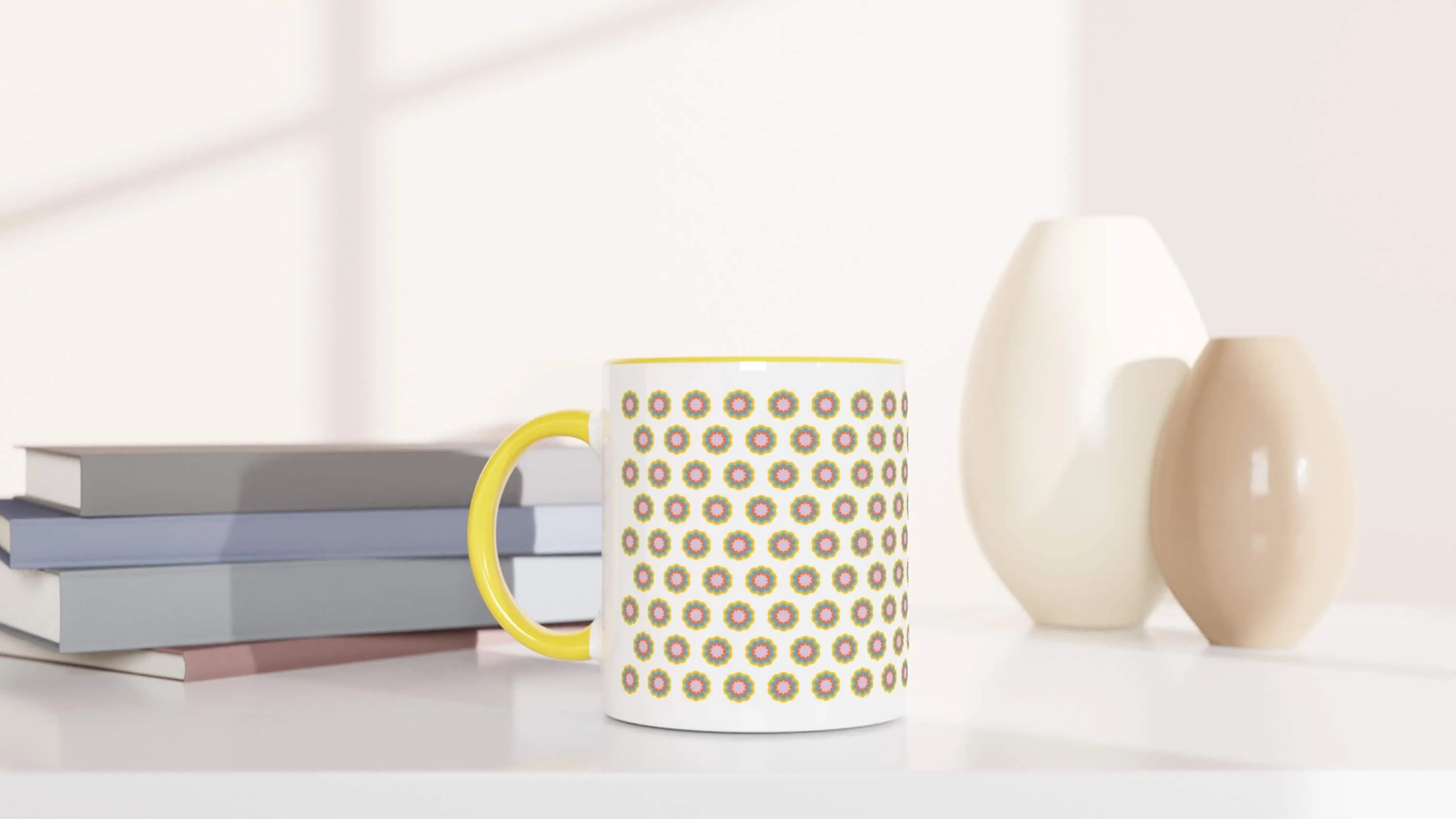 Floral Ceramic Coffee Mug with Yellow Handle - alternate view