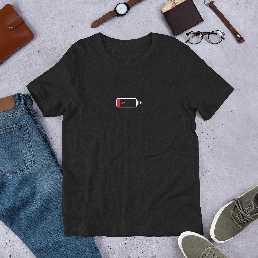 Funny 17% low battery graphic tee in dark classic colors - alternate view