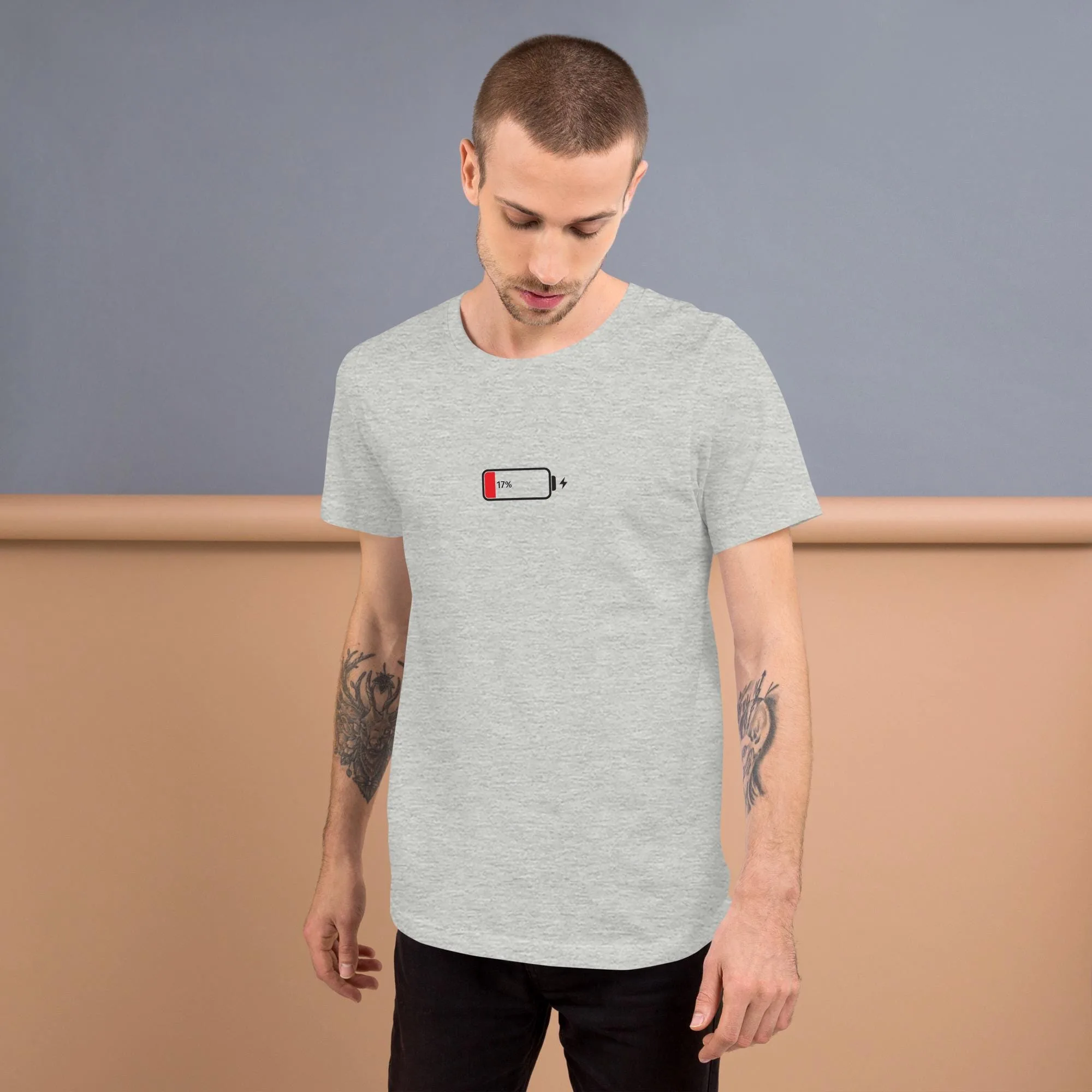 Funny 17% low battery graphic tee in bright summer colors