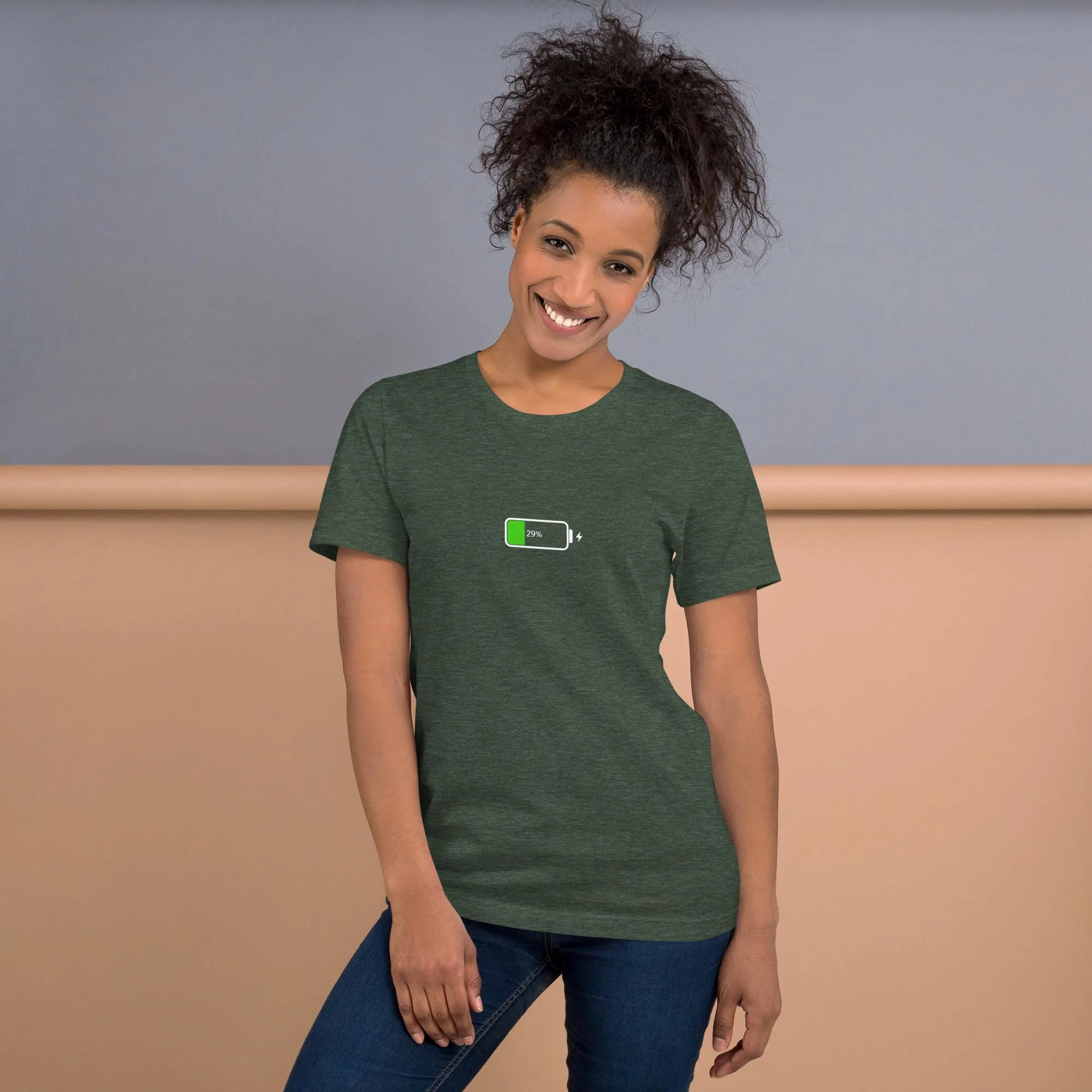 Funny 29% charging battery graphic tee in dark classic colors