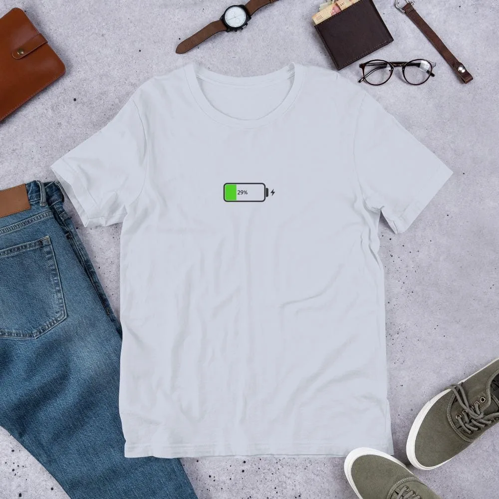 Funny 29% charging battery graphic tee in bright colors - alternate view