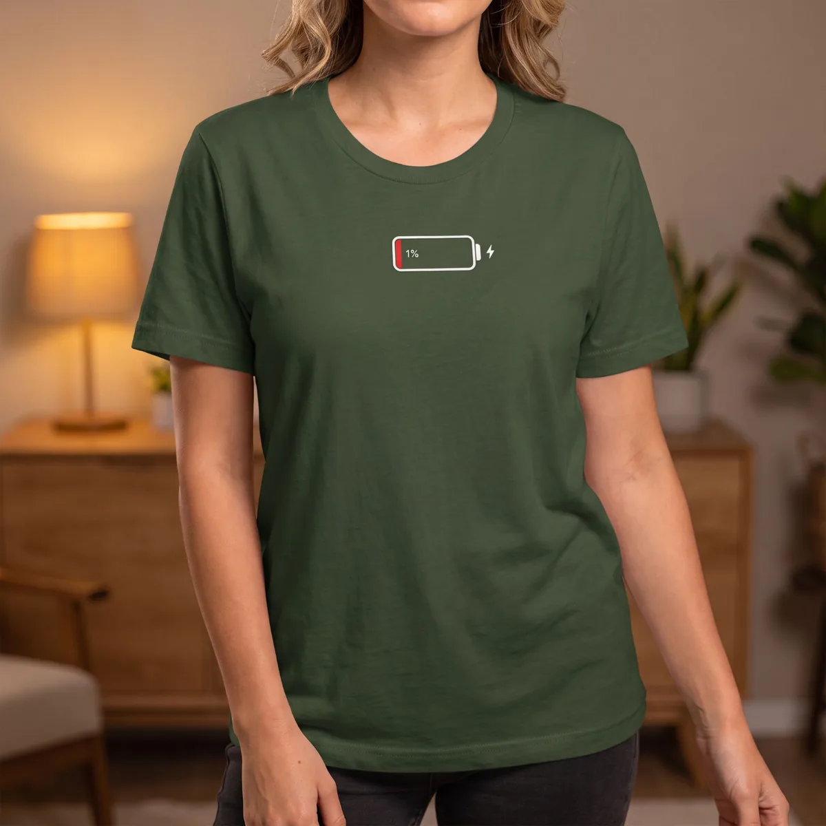 Funny 1% Low Battery Tee Shirt on model - lifestyle photo
