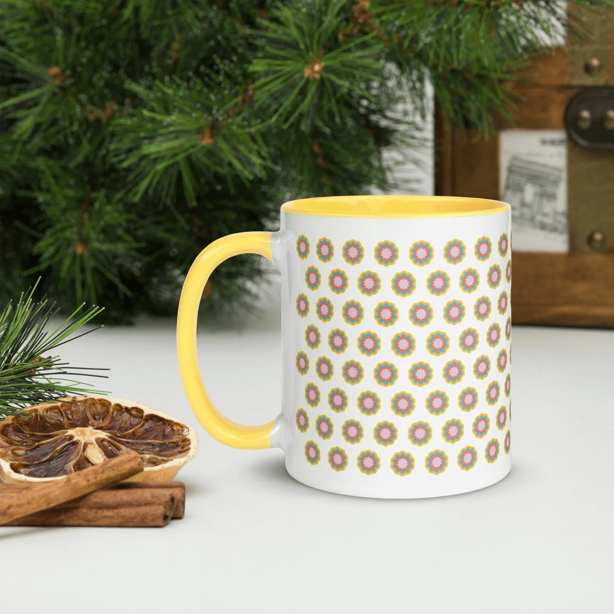 Floral Ceramic Coffee Mug with Yellow Handle