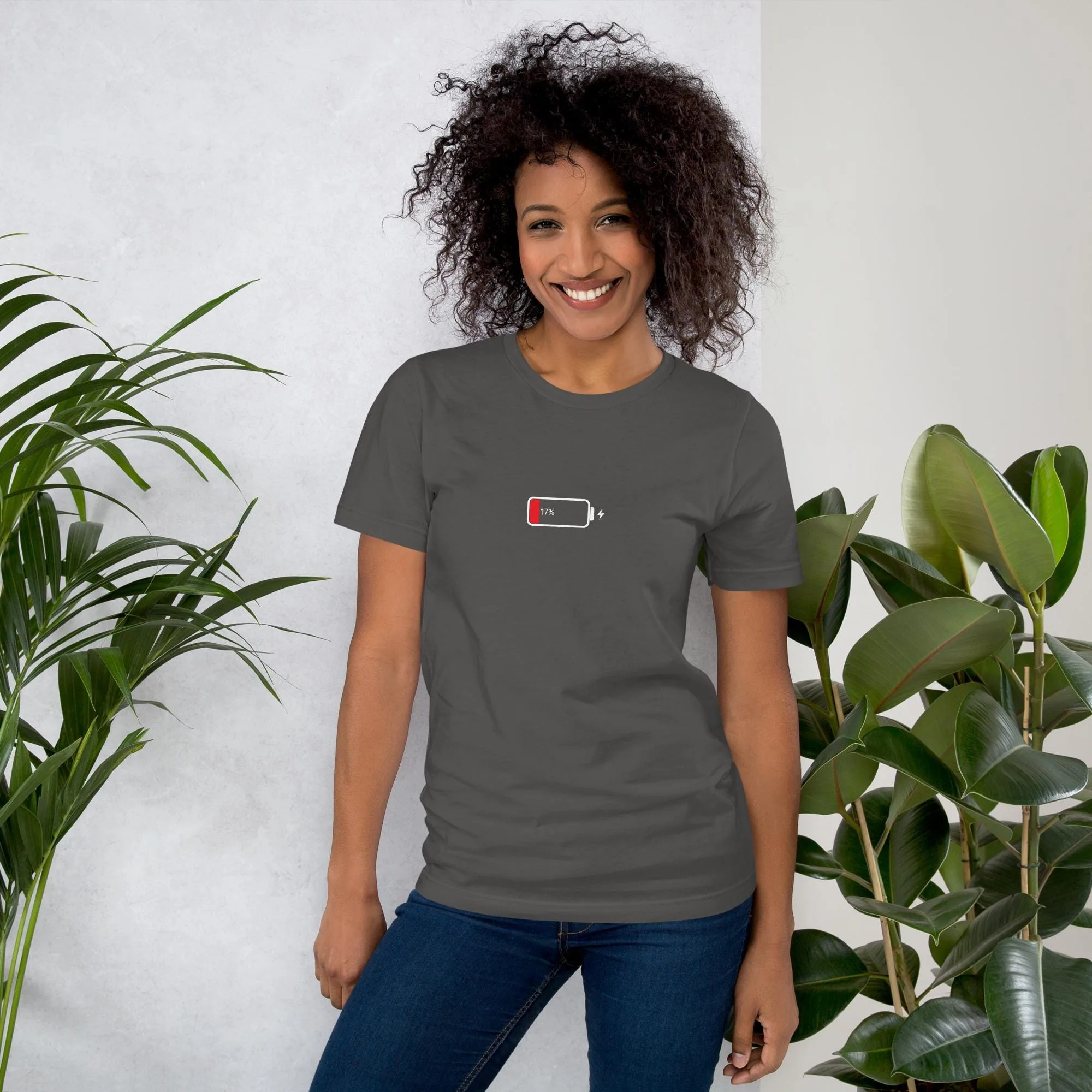 Funny 17% low battery graphic tee in dark classic colors