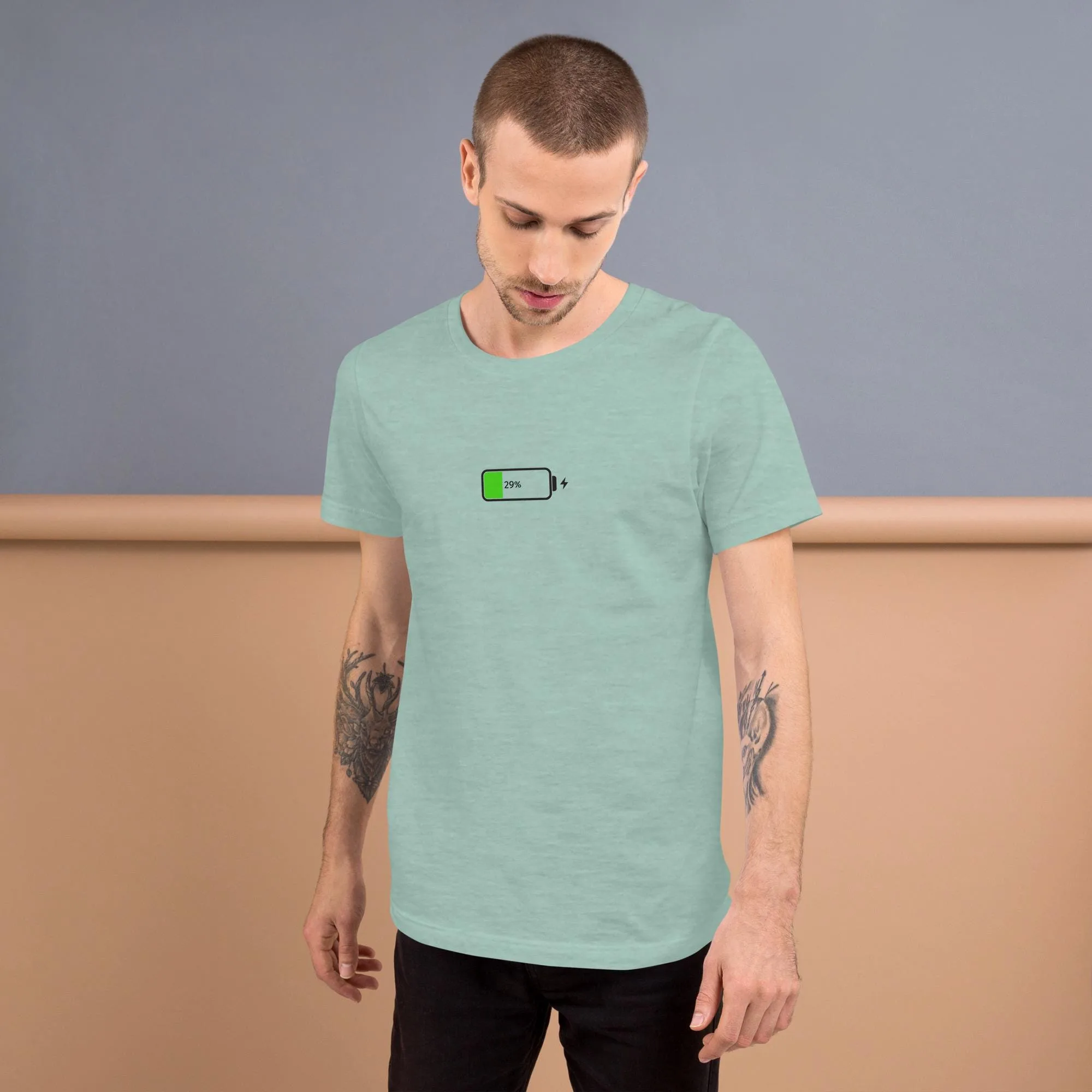 Funny 29% charging battery graphic tee in bright colors