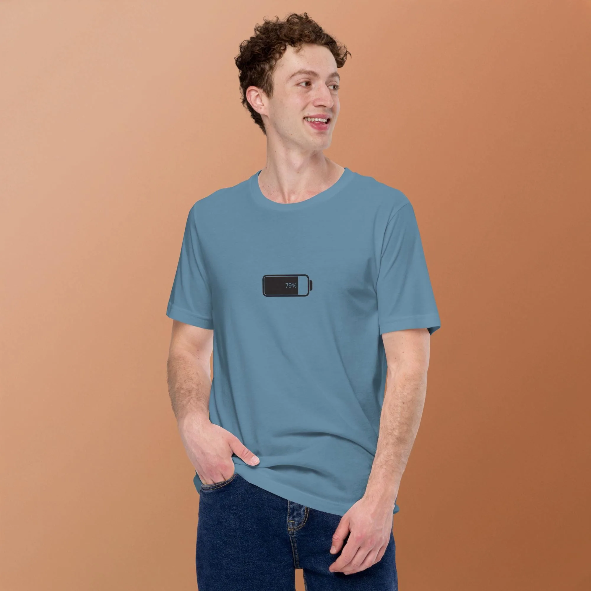 Funny 79% battery graphic tee in bright colors